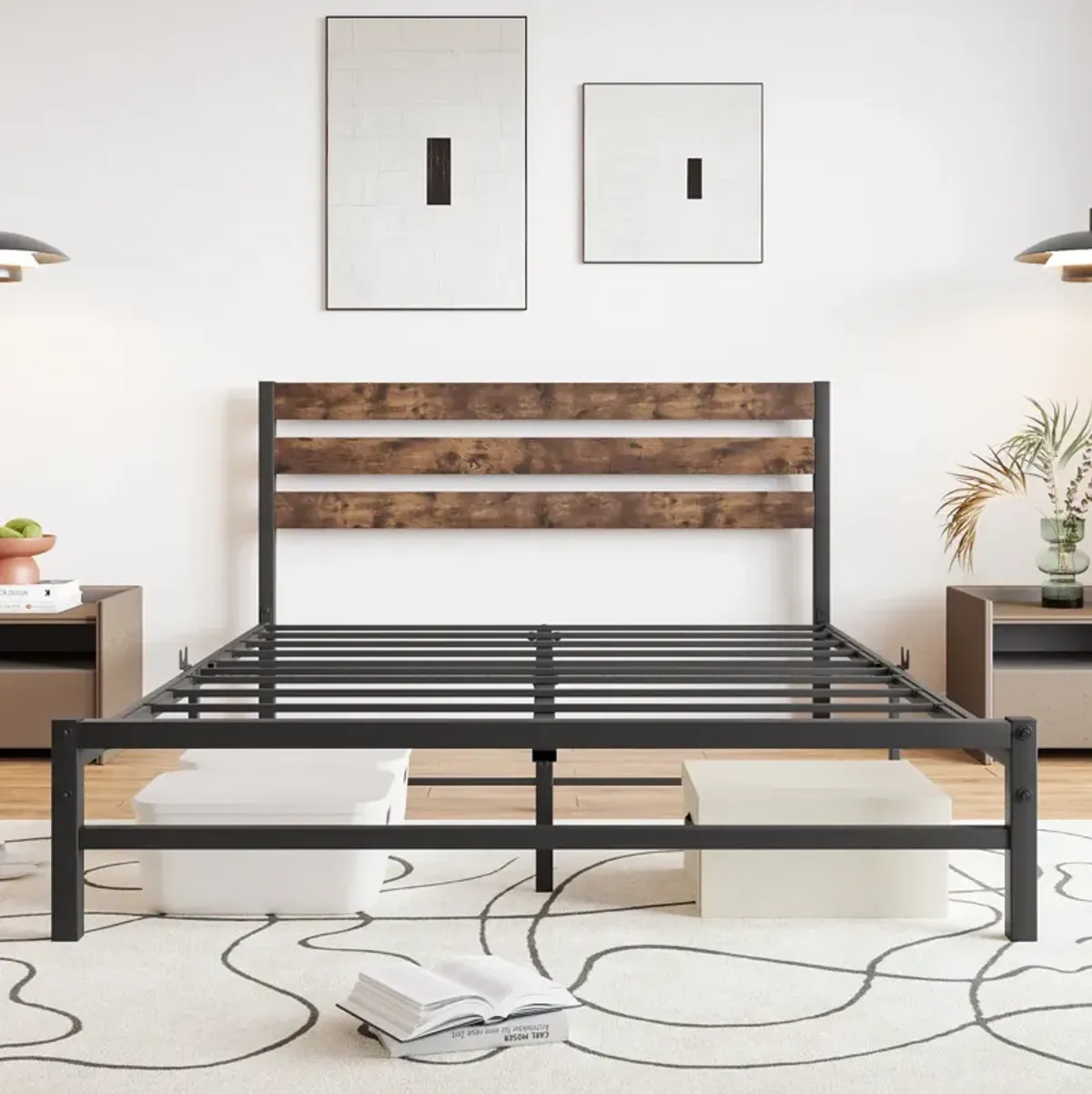 Queen Size Platform Bed Frame With Rustic Vintage Wood Headboard, Strong Metal Slats Support