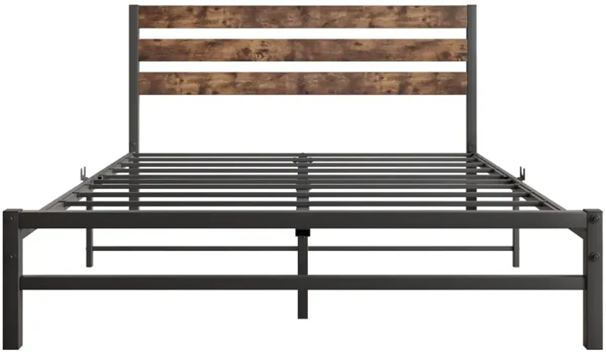 Queen Size Platform Bed Frame With Rustic Vintage Wood Headboard, Strong Metal Slats Support