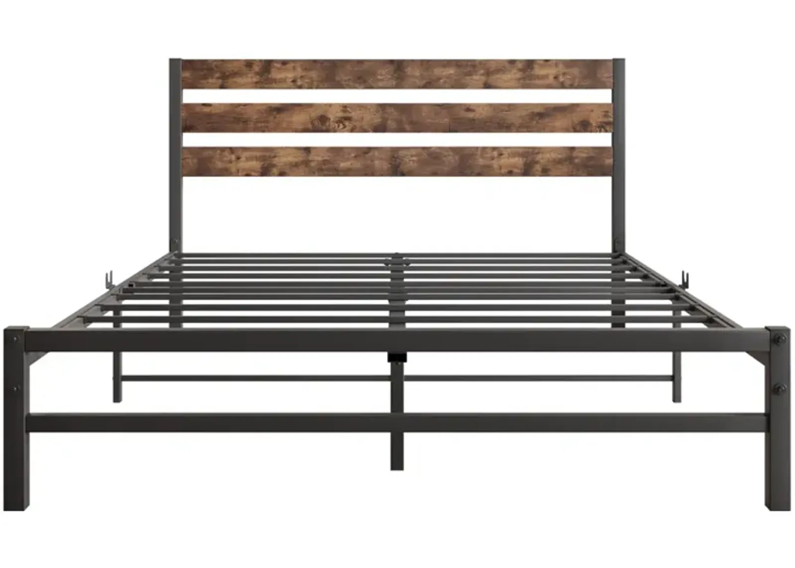 Queen Size Platform Bed Frame With Rustic Vintage Wood Headboard, Strong Metal Slats Support