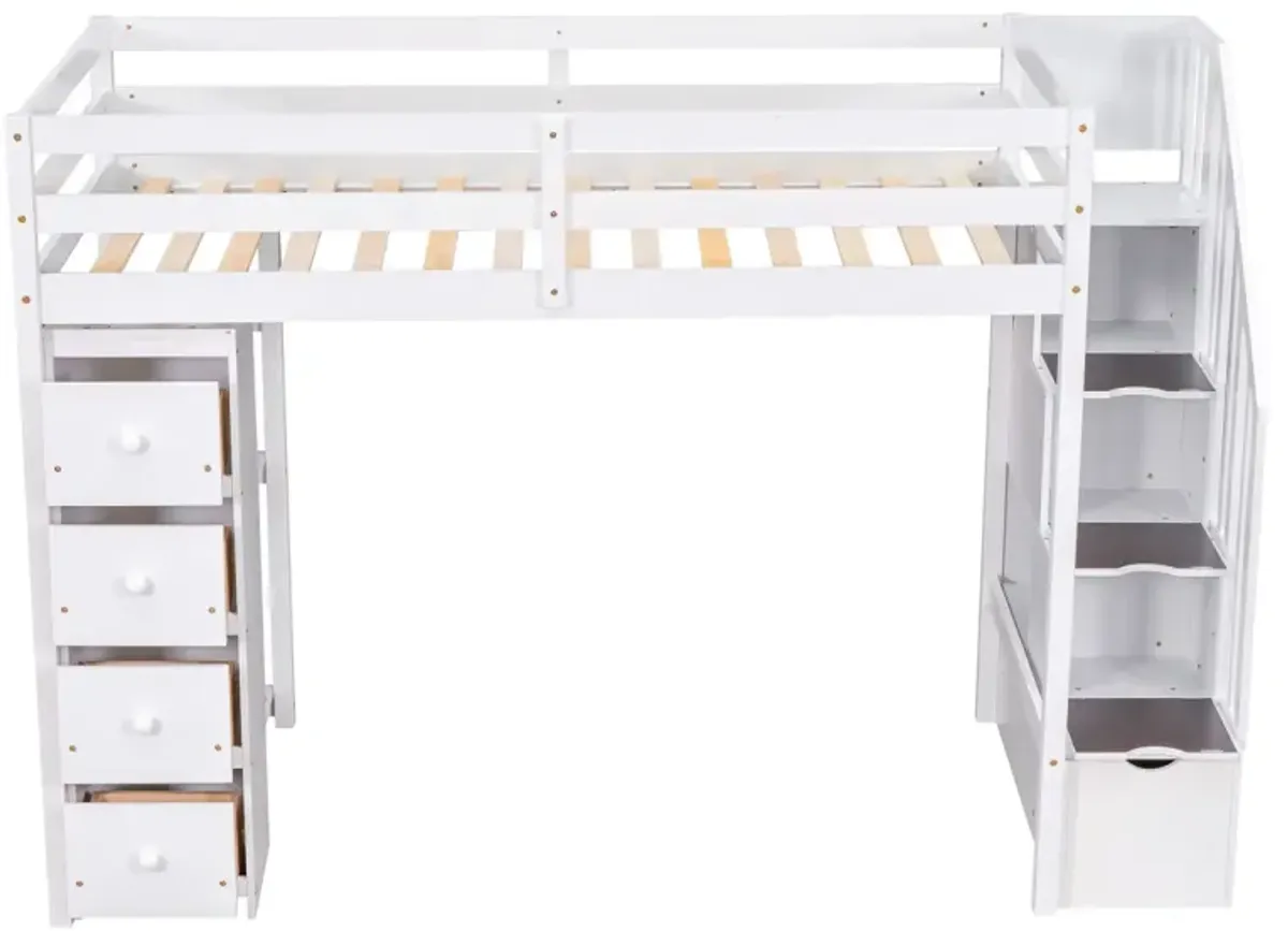 Twin Size Loft Bed With Storage Drawers And Stairs, Wooden Loft Bed With Shelves