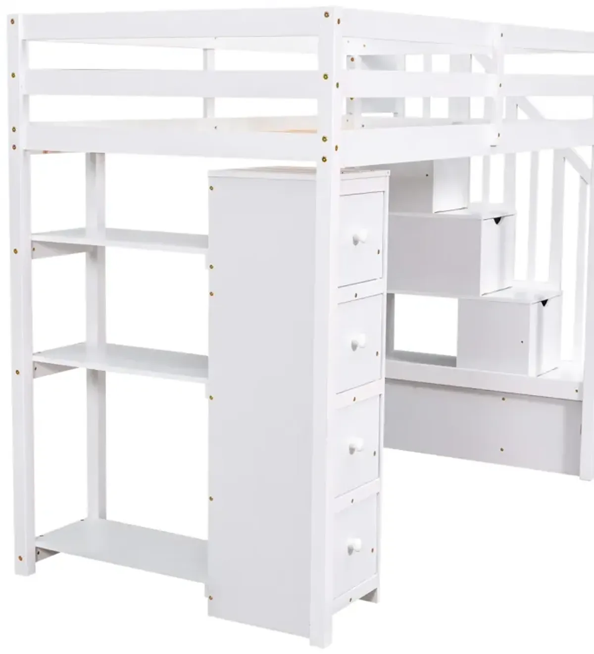 Twin Size Loft Bed With Storage Drawers And Stairs, Wooden Loft Bed With Shelves