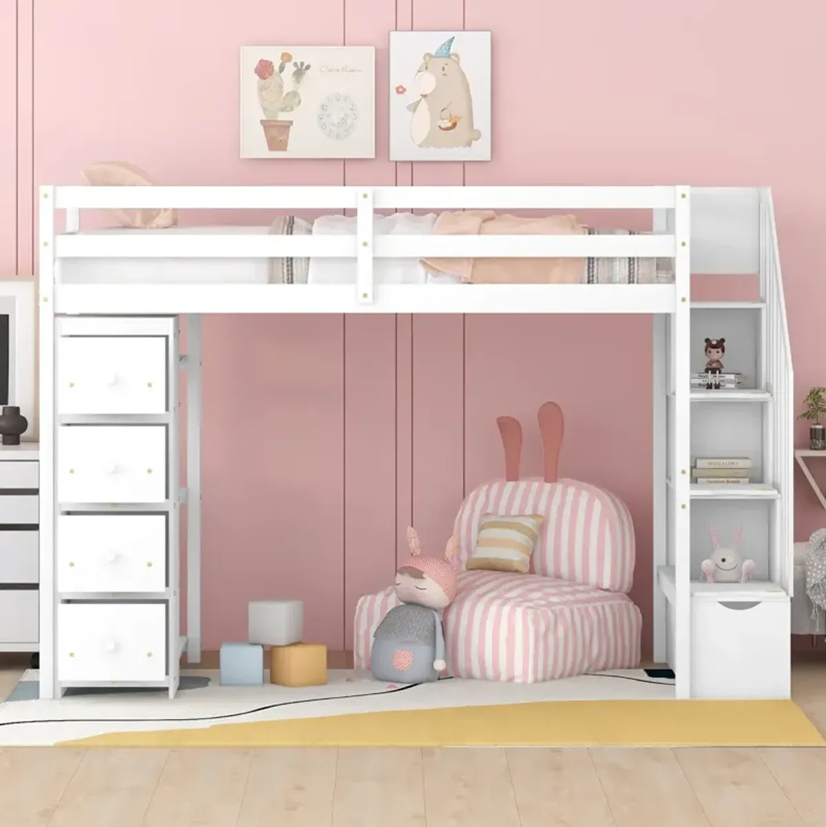 Twin Size Loft Bed With Storage Drawers And Stairs, Wooden Loft Bed With Shelves