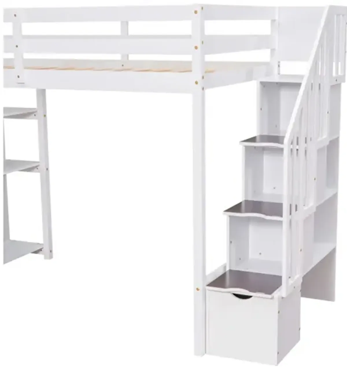 Twin Size Loft Bed With Storage Drawers And Stairs, Wooden Loft Bed With Shelves