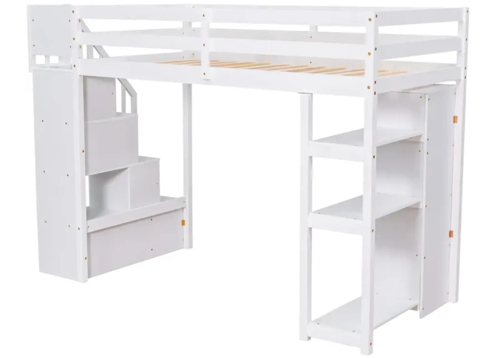 Twin Size Loft Bed With Storage Drawers And Stairs, Wooden Loft Bed With Shelves