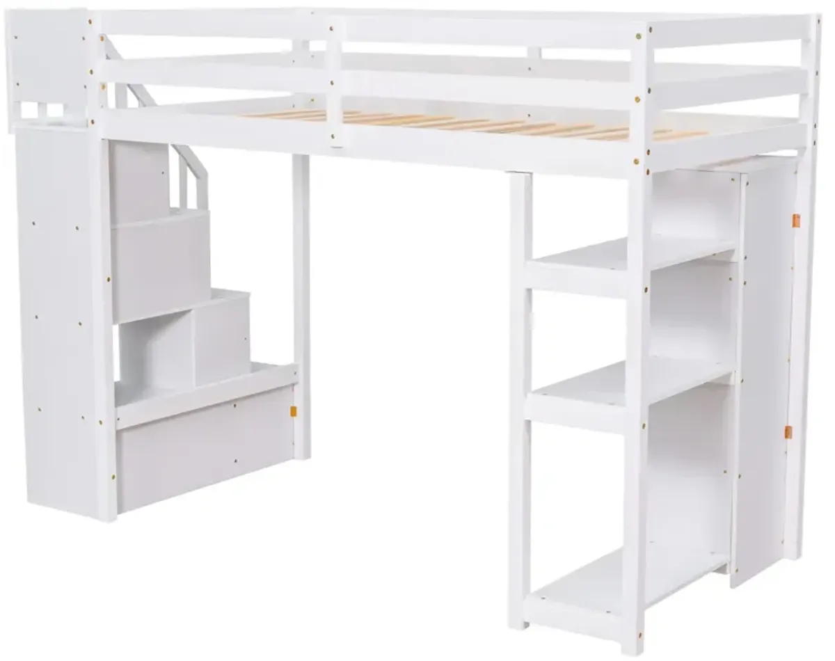 Twin Size Loft Bed With Storage Drawers And Stairs, Wooden Loft Bed With Shelves