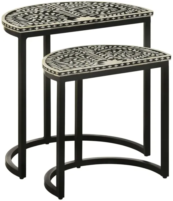 2 Piece Nesting End Tables with Half Moon Tabletops, Bone Inlay, Black - Benzara