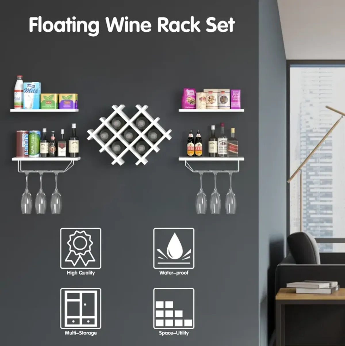 Set of 5 Wall Mount Wine Rack Set with Storage Shelves