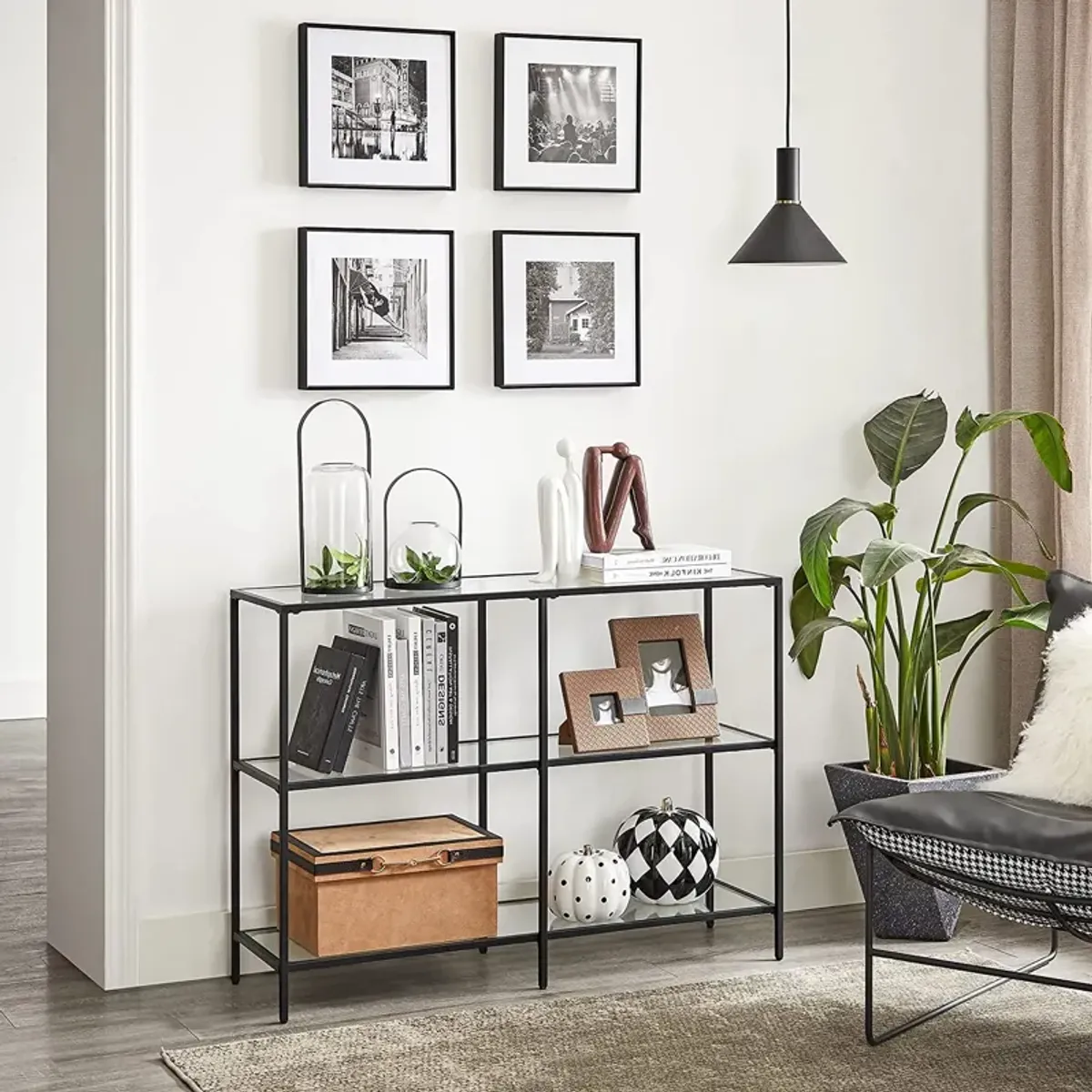 Stylish Console Table with 3 Shelves - Steel Frame, Tempered Glass, for Entryway or Living Room