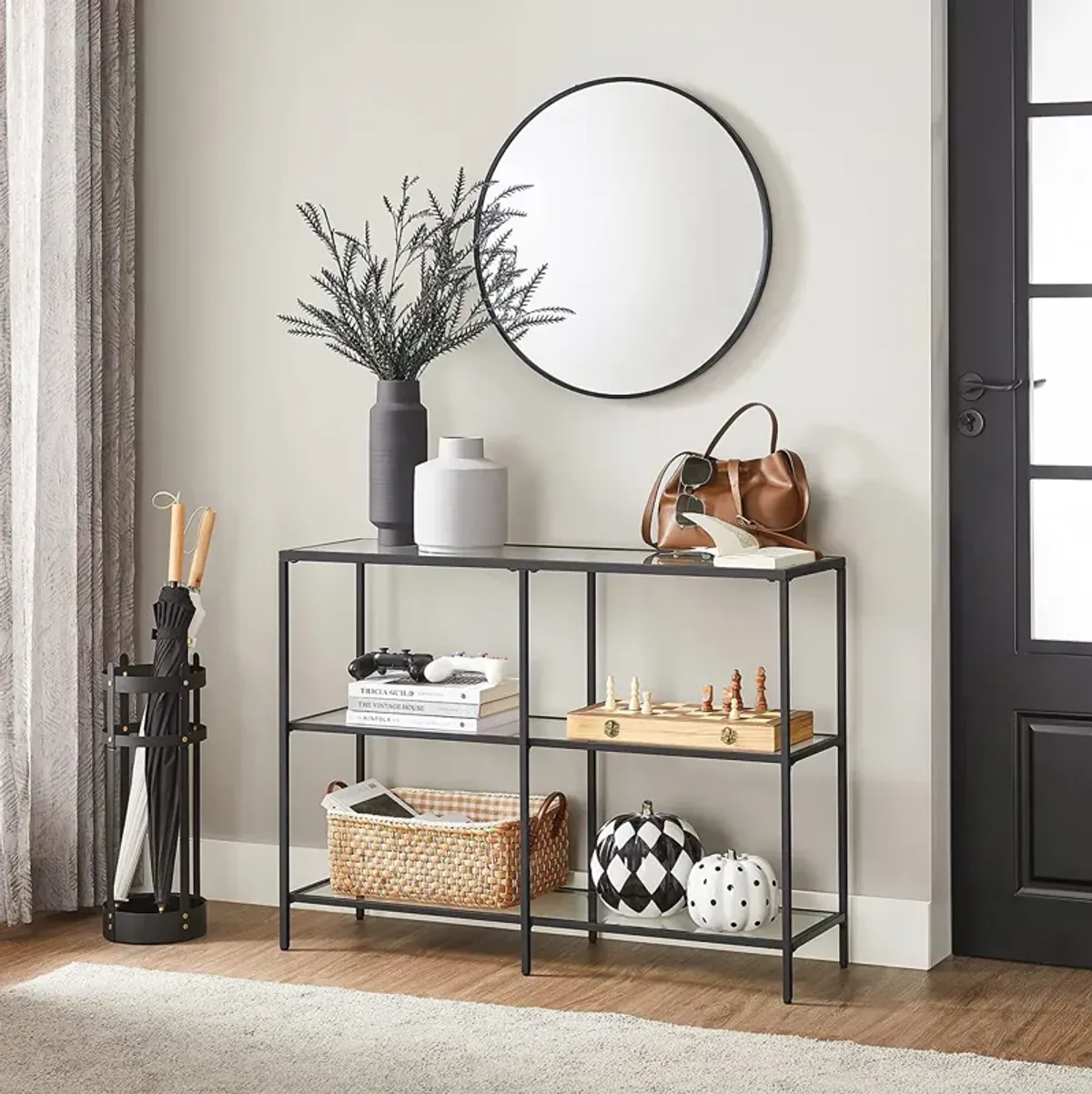 Stylish Console Table with 3 Shelves - Steel Frame, Tempered Glass, for Entryway or Living Room