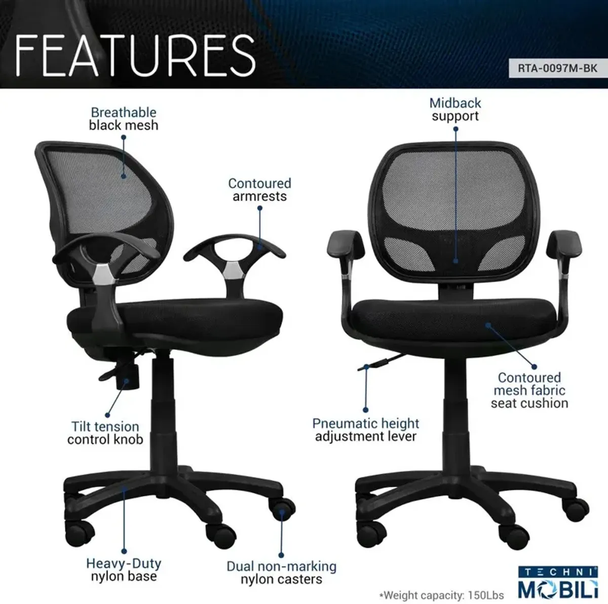 Techni Mobili Midback Mesh Task Office Chair. Color: Black