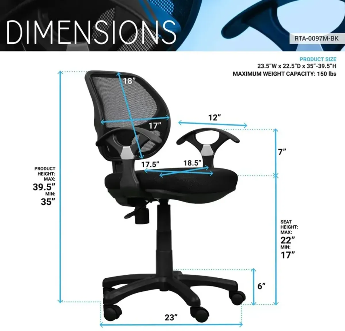 Techni Mobili Midback Mesh Task Office Chair. Color: Black