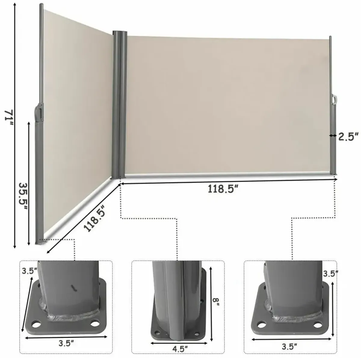 237 x 71 Inch Patio Retractable Double Folding Side Awning Screen Divider