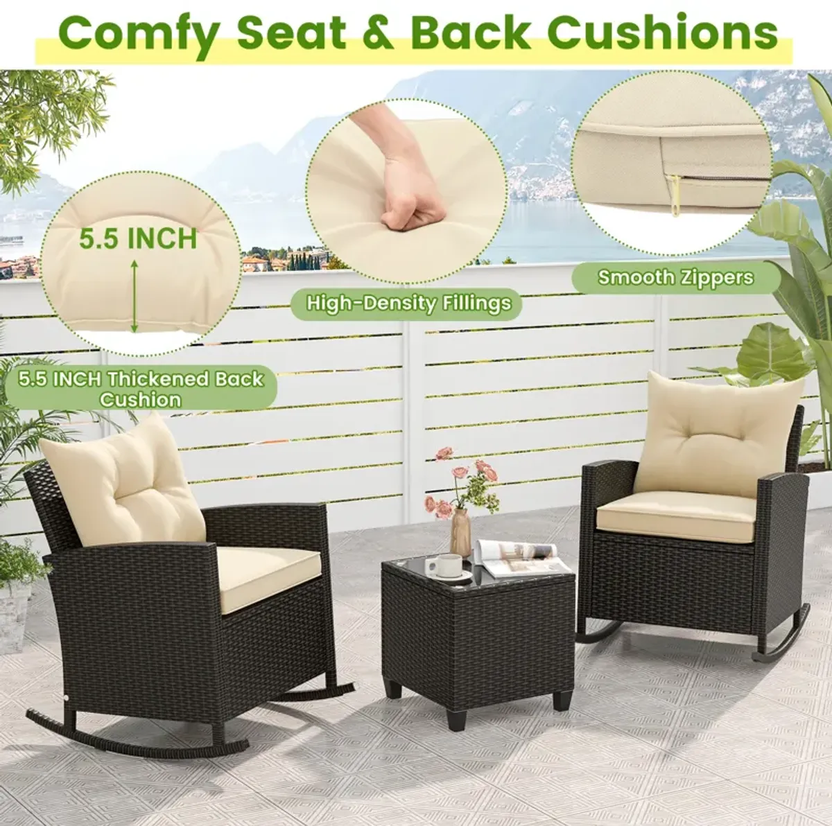 Patio Rattan Roker Chairs with Tempered Glass Table and Soft Cushions for Backyard  Poolside Porch-Beige