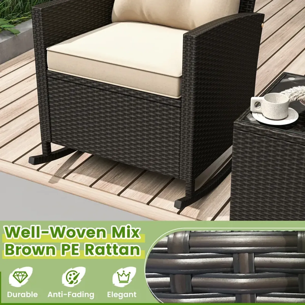 Patio Rattan Roker Chairs with Tempered Glass Table and Soft Cushions for Backyard  Poolside Porch-Beige