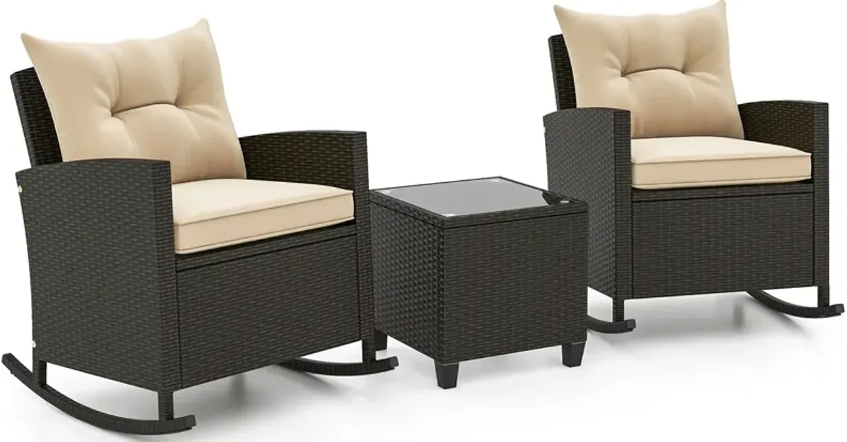 Patio Rattan Roker Chairs with Tempered Glass Table and Soft Cushions for Backyard  Poolside Porch-Beige