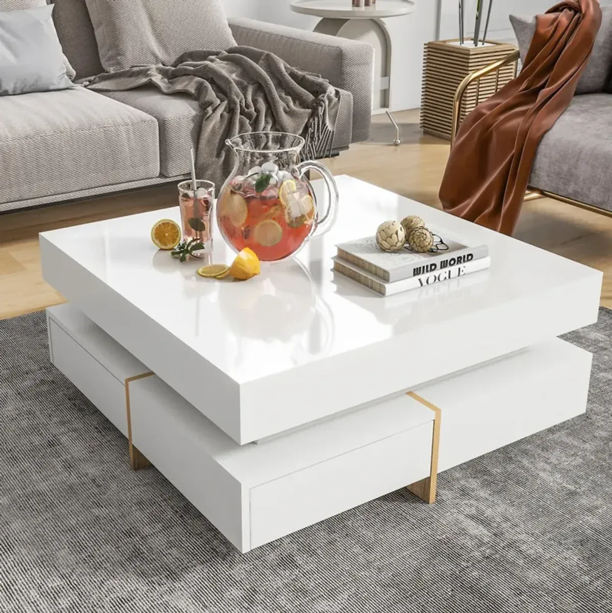 High Gloss 4-Drawer Coffee Table, Multi Storage, Wood Grain Legs, 31.5"X31.5", White