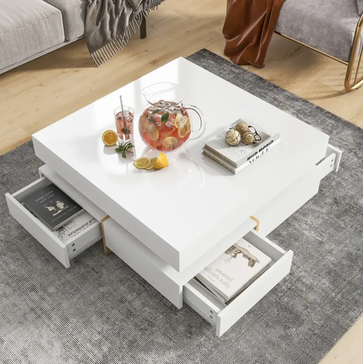 High Gloss 4-Drawer Coffee Table, Multi Storage, Wood Grain Legs, 31.5"X31.5", White