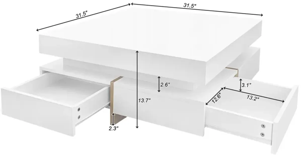 High Gloss 4-Drawer Coffee Table, Multi Storage, Wood Grain Legs, 31.5"X31.5", White