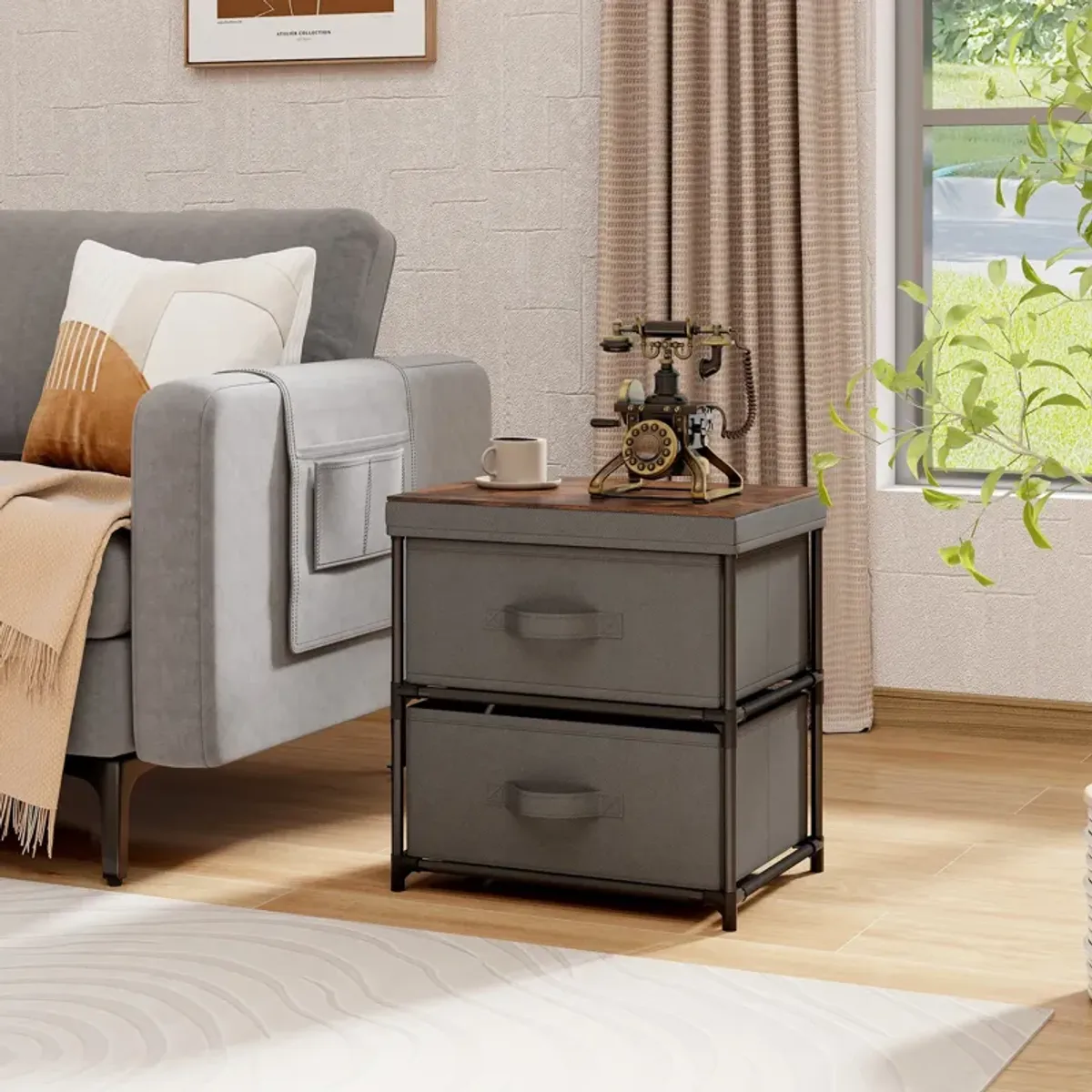 2-Drawer Nightstand with Removable Fabric Bins and Pull Handles