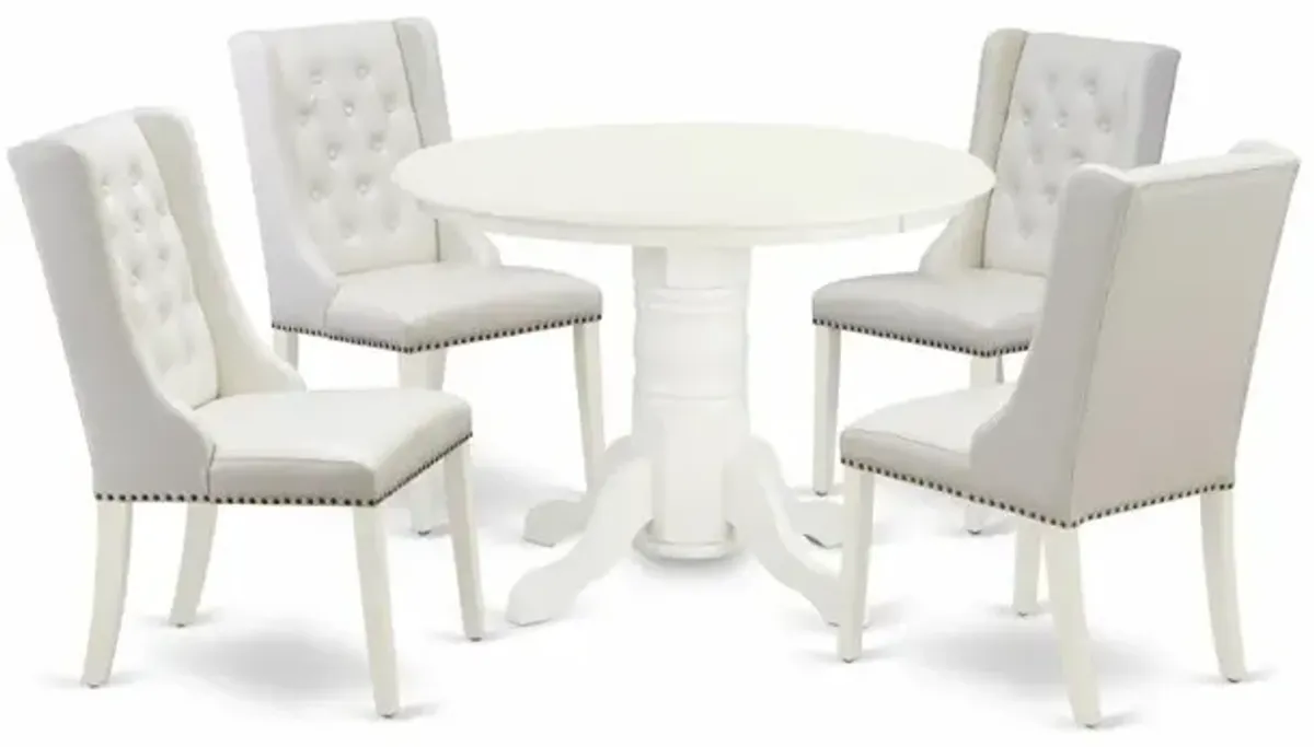East West Furniture SHFO5-WHI-44 5-Piece Dinette Set Includes 1 Pedestal Wooden Dining Table and 4 Light Grey Linen Fabric Parsons dining room chairs with Button Tufted Back - Linen White Finish