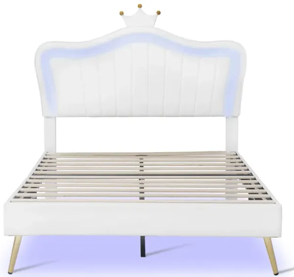 Princess-Style Upholstered Bed with LED Lights and Royal Crown Headboard