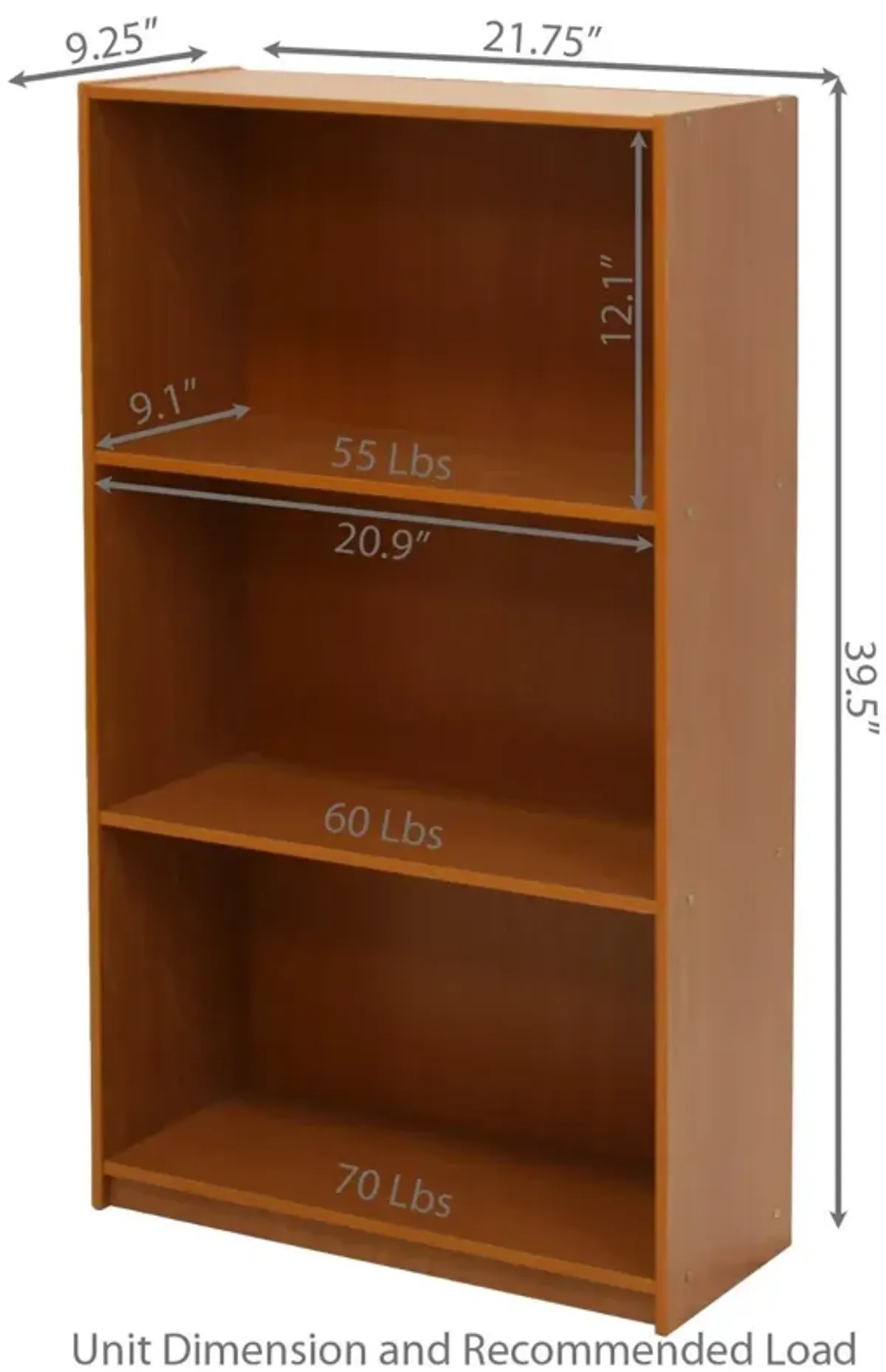 Light Cherry Finish 3 Tier Storage Shelves Bookcase