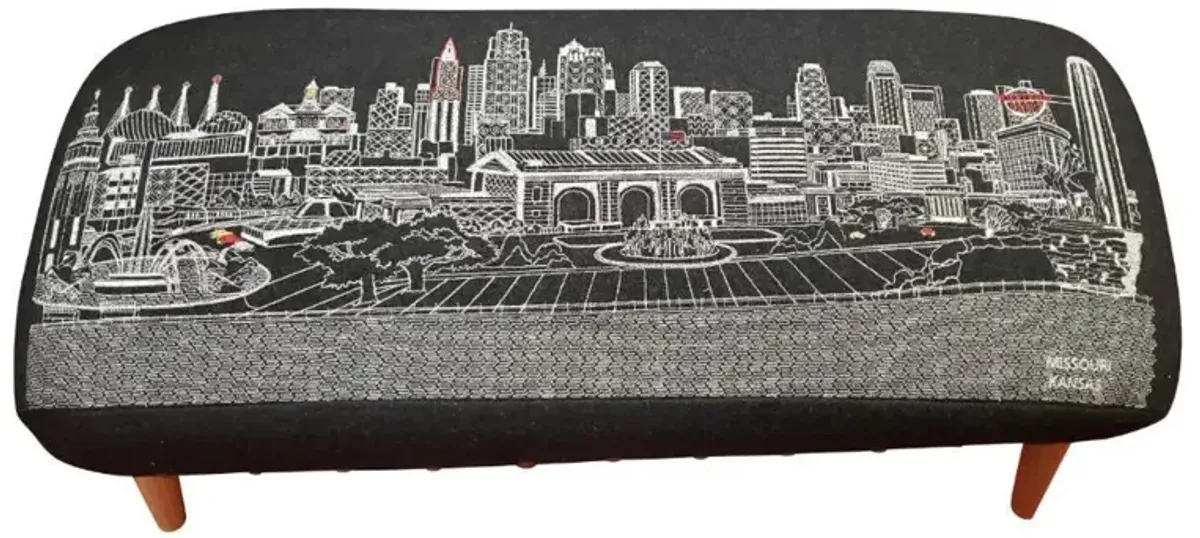 38" Black Kansas City Nighttime Skyline Embroidered Ottoman