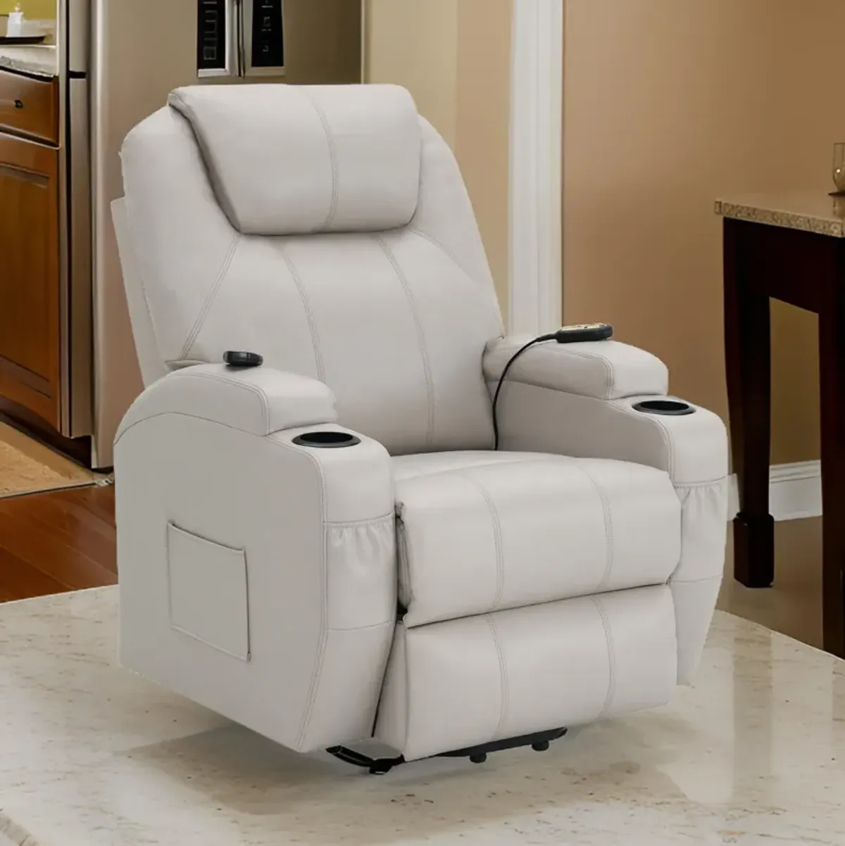 Sania Power Lift Recliner Chair, Beige Faux Leather, Cup Holders, Massage - Benzara