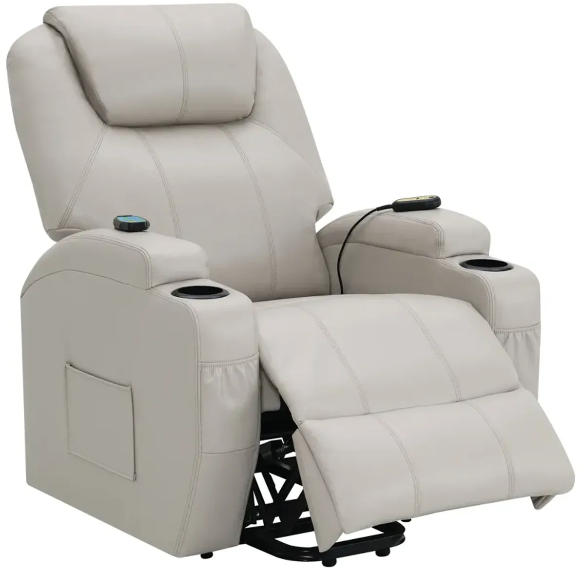 Sania Power Lift Recliner Chair, Beige Faux Leather, Cup Holders, Massage - Benzara