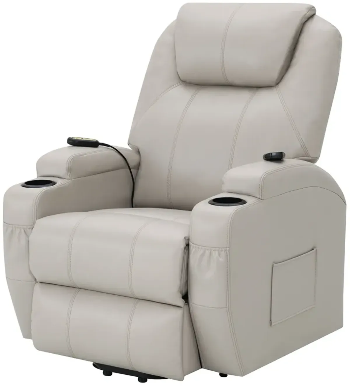 Sania Power Lift Recliner Chair, Beige Faux Leather, Cup Holders, Massage - Benzara