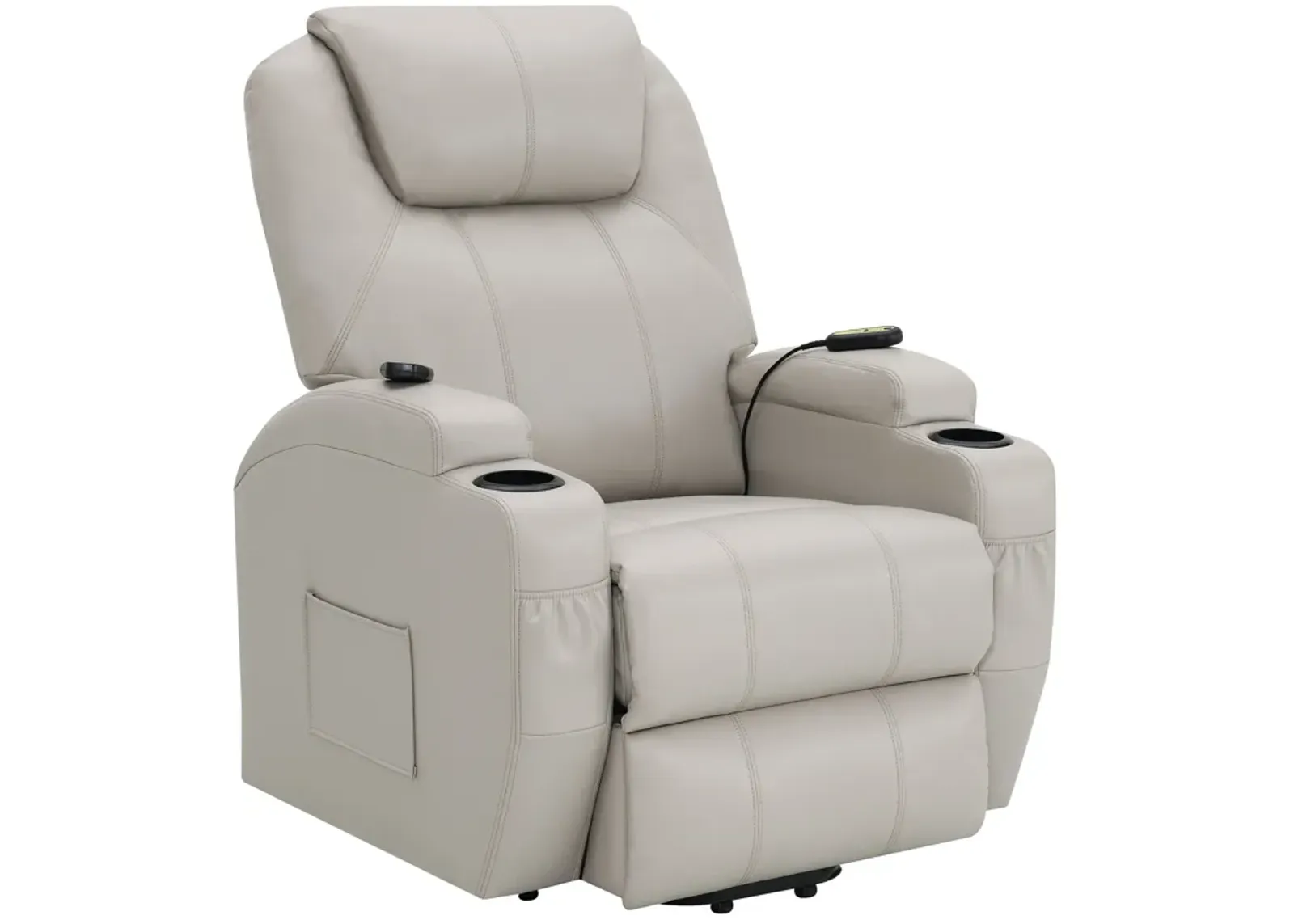 Sania Power Lift Recliner Chair, Beige Faux Leather, Cup Holders, Massage - Benzara