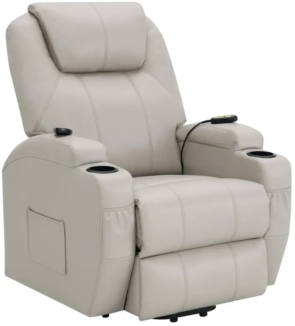 Sania Power Lift Recliner Chair, Beige Faux Leather, Cup Holders, Massage - Benzara