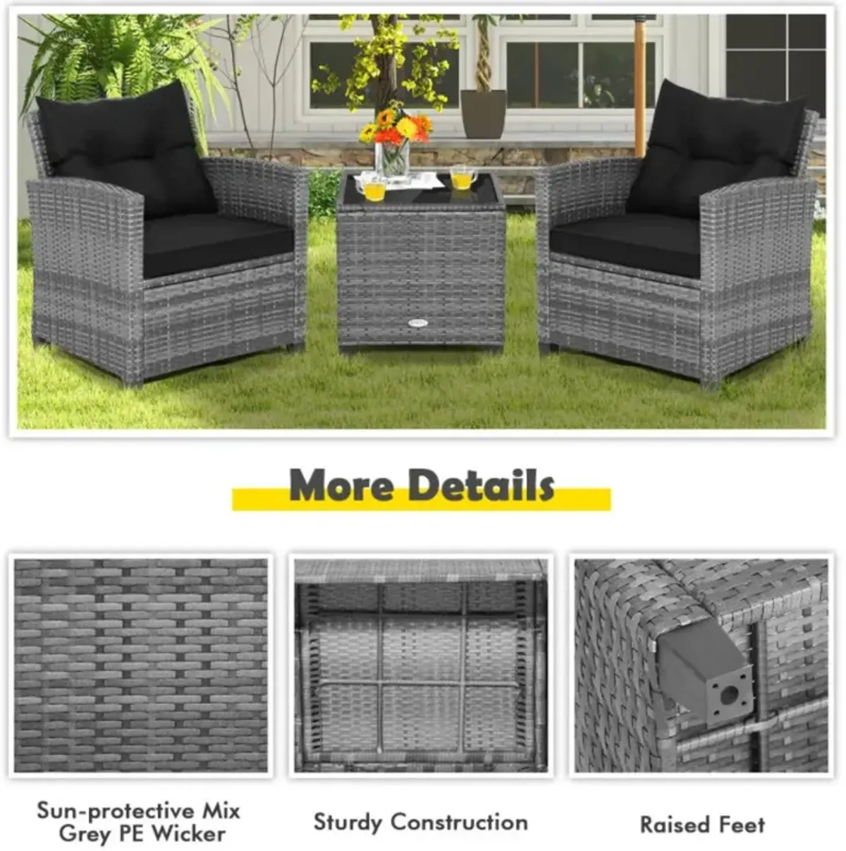 Hivvago 3 Pieces Outdoor Wicker Conversation Set with Tempered Glass Tabletop