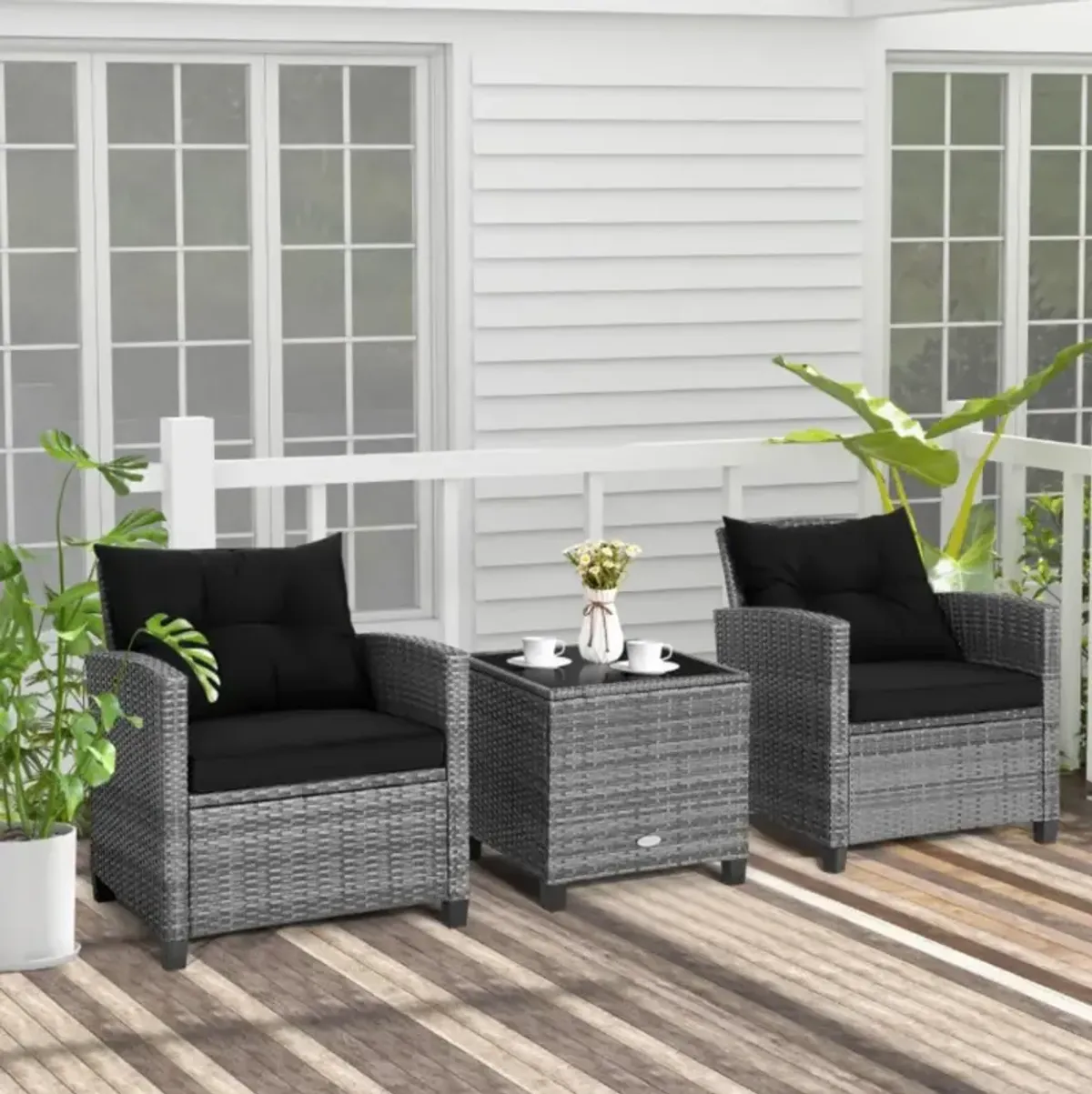 Hivvago 3 Pieces Outdoor Wicker Conversation Set with Tempered Glass Tabletop