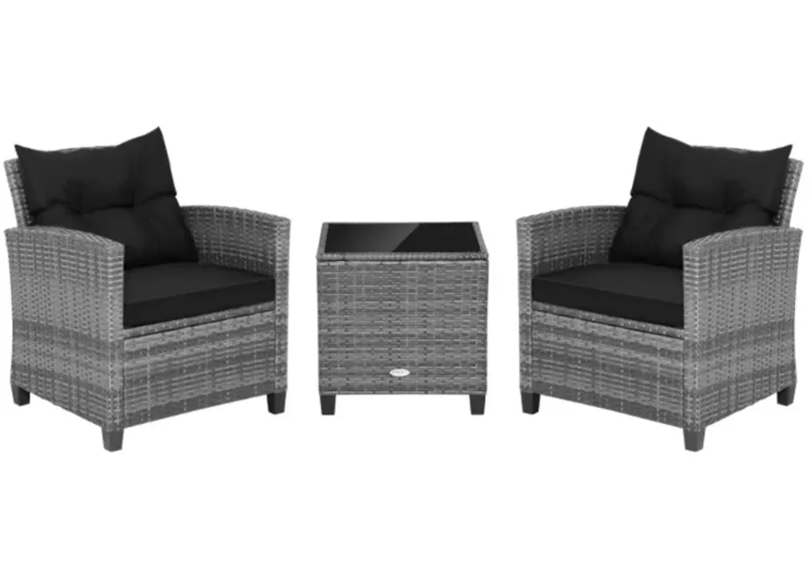 Hivvago 3 Pieces Outdoor Wicker Conversation Set with Tempered Glass Tabletop