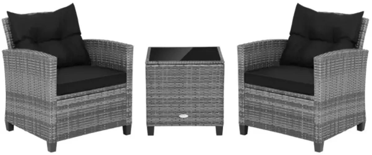 Hivvago 3 Pieces Outdoor Wicker Conversation Set with Tempered Glass Tabletop