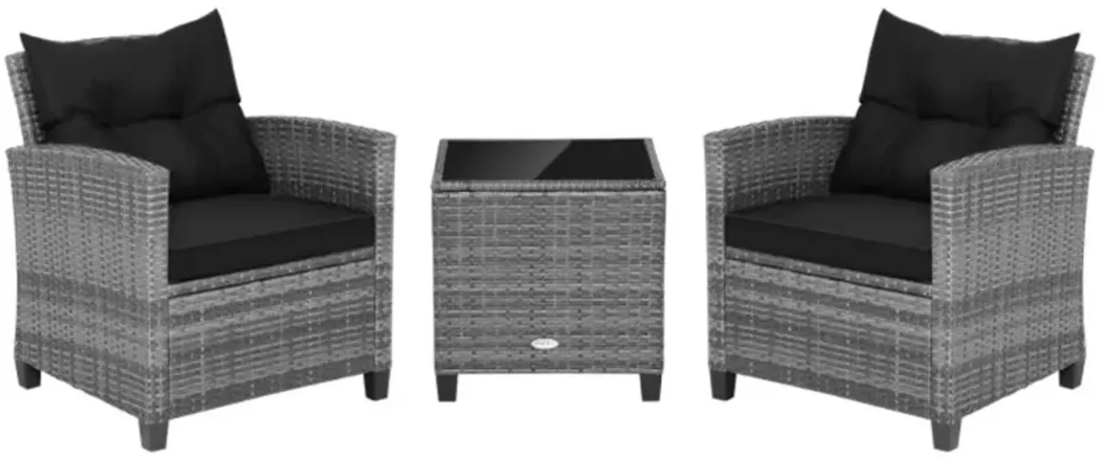 Hivvago 3 Pieces Outdoor Wicker Conversation Set with Tempered Glass Tabletop