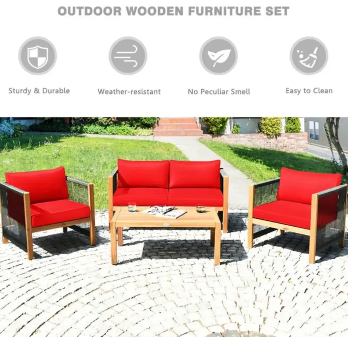 Hivvago 4 Pieces Acacia Wood Sofa Set with Cushions for Outdoor Patio