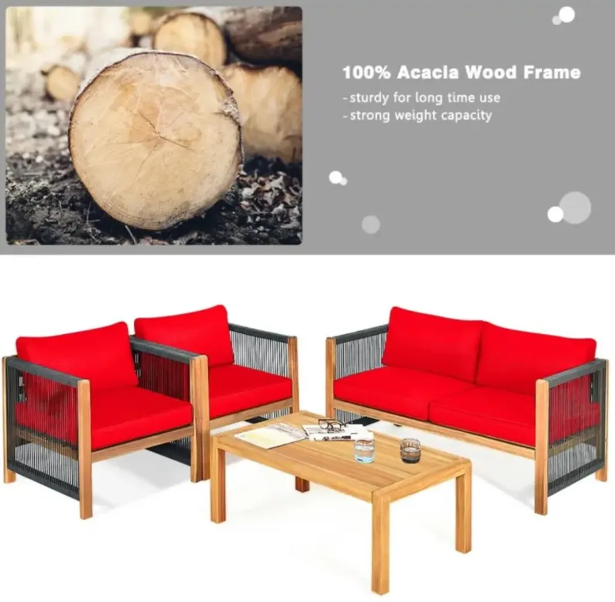 Hivvago 4 Pieces Acacia Wood Sofa Set with Cushions for Outdoor Patio