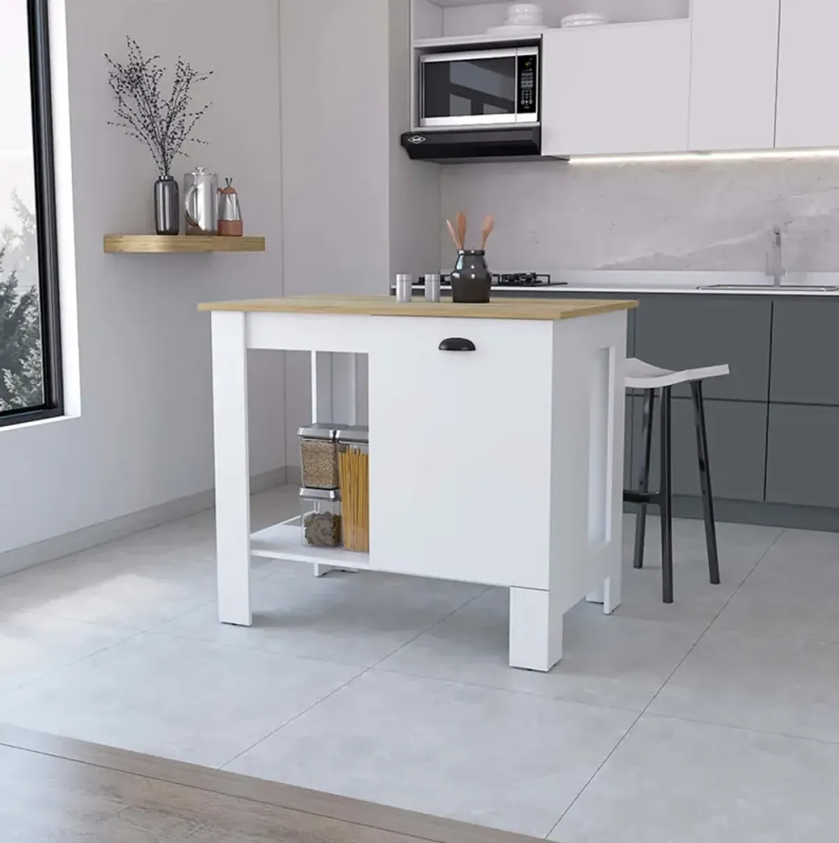 Vancouver 1-Door Kitchen Island With Open Shelf White And Macadamia