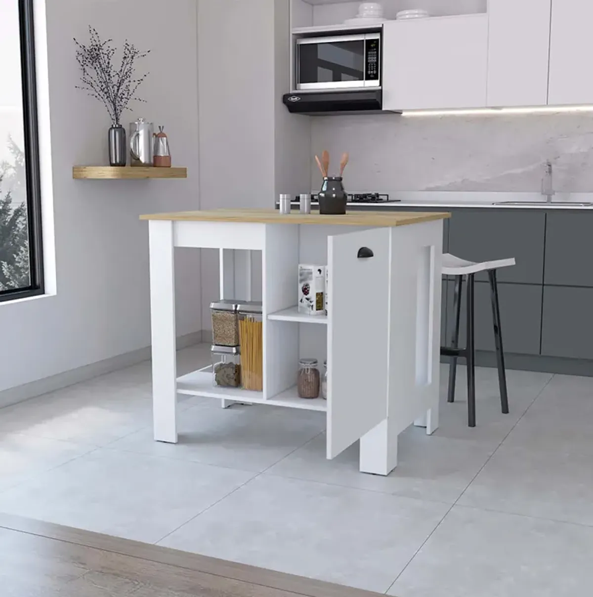 Vancouver 1-Door Kitchen Island With Open Shelf White And Macadamia