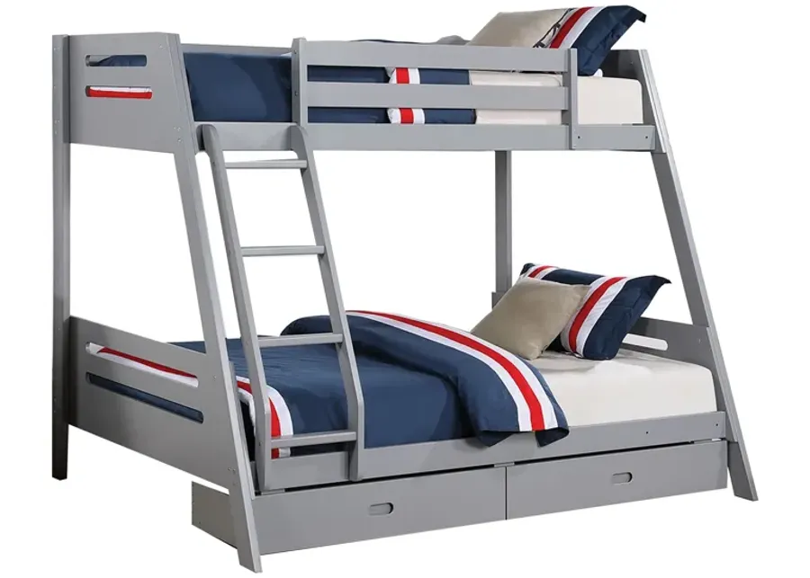 Emily Twin Over Full Bunk Bed with Ladder, 2 Drawers, Gray Solid Wood