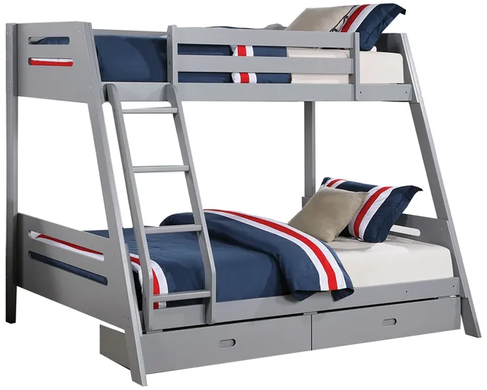 Emily Twin Over Full Bunk Bed with Ladder, 2 Drawers, Gray Solid Wood