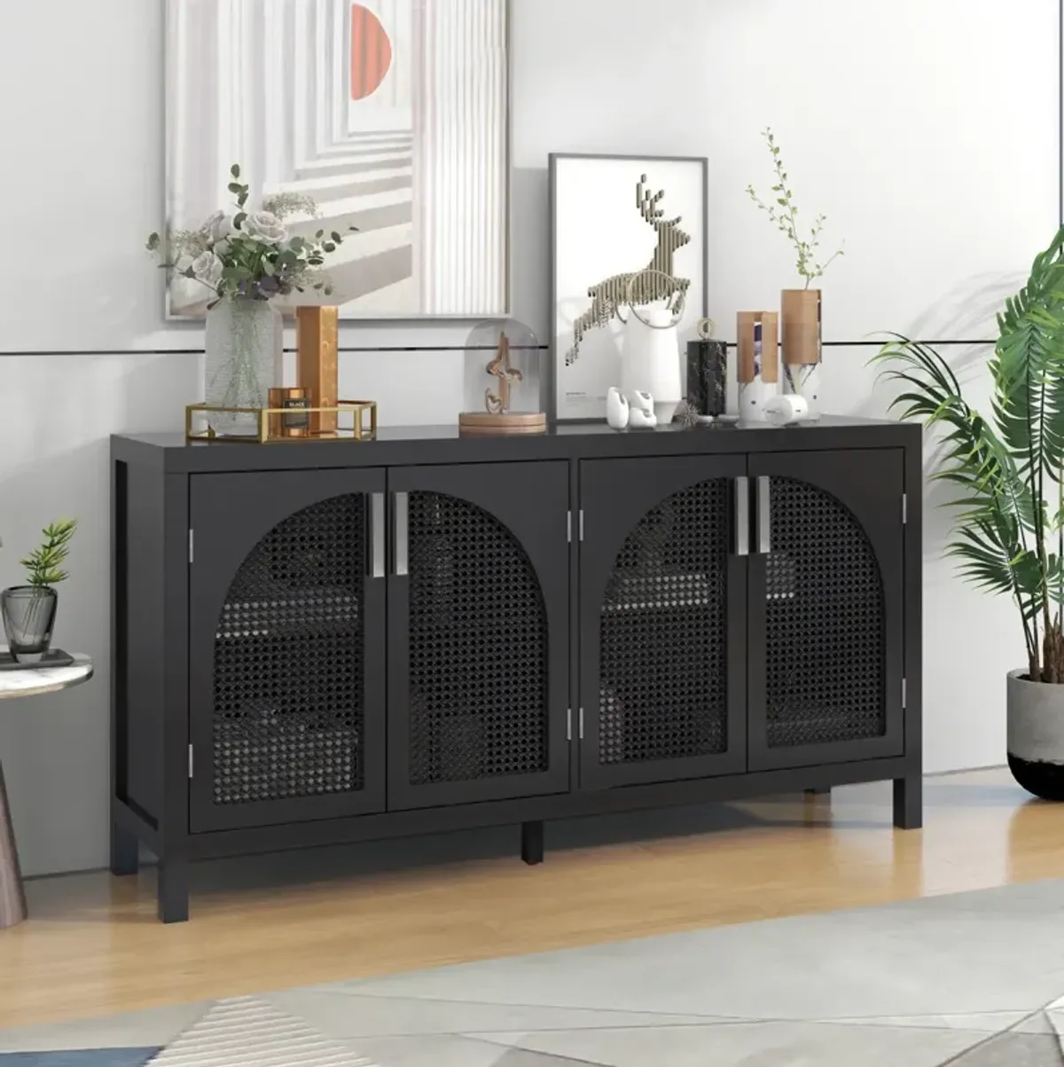 Black Sideboard with Rattan Doors & Metal Handles