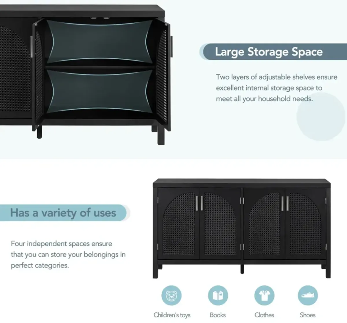 Black Sideboard with Rattan Doors & Metal Handles