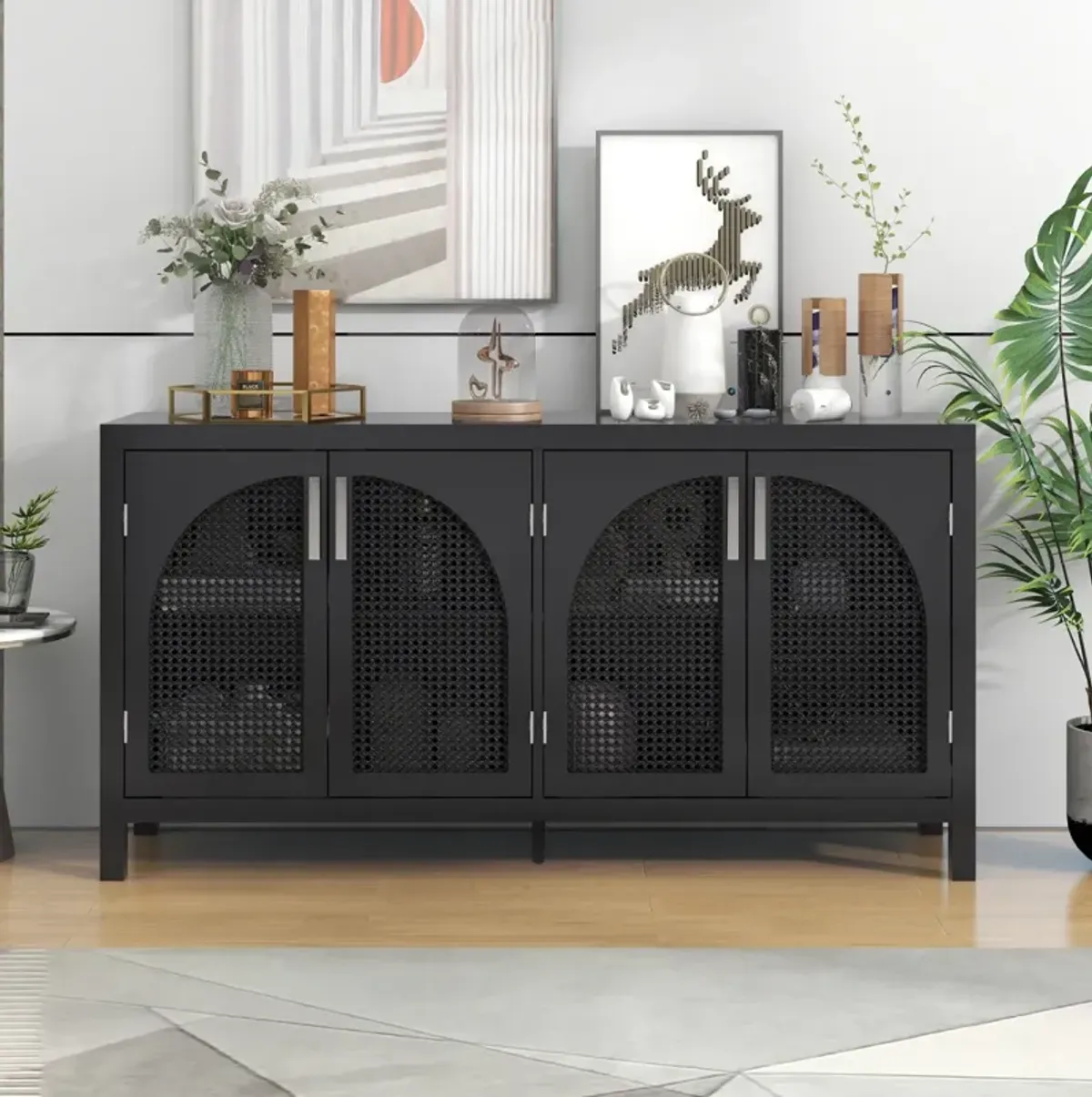 Black Sideboard with Rattan Doors & Metal Handles