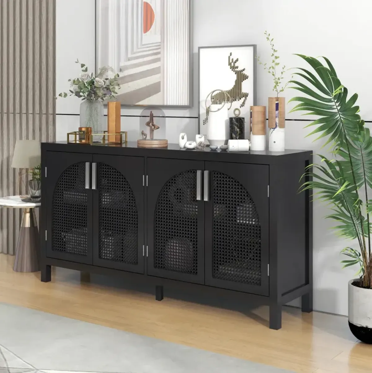 Black Sideboard with Rattan Doors & Metal Handles