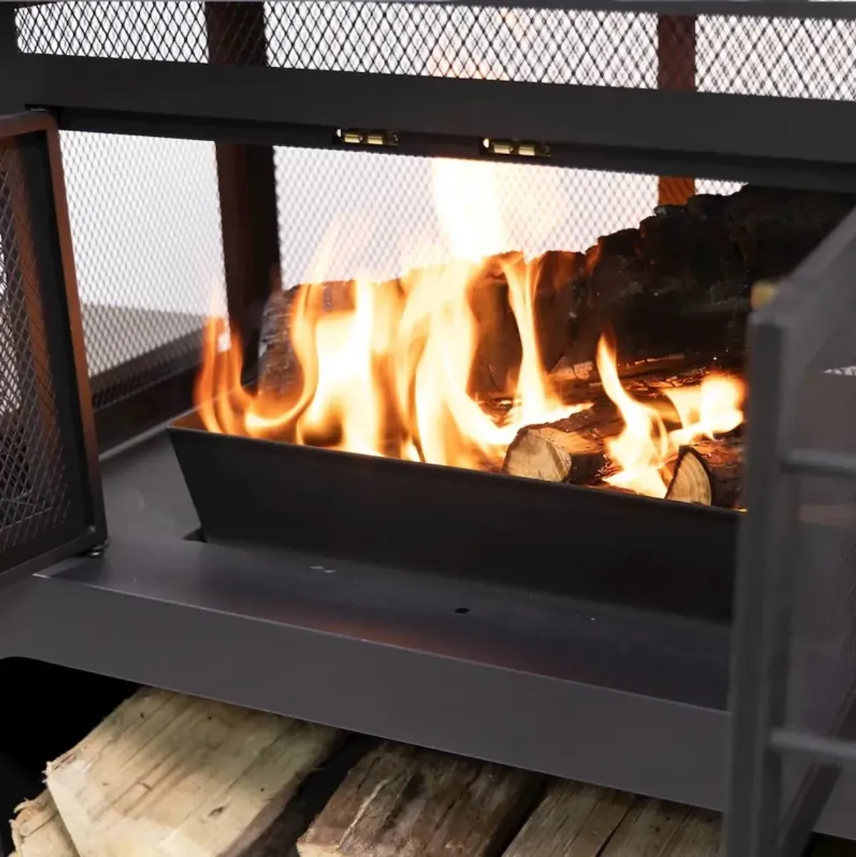 Deko Living Steel Woodburning Fireplace with Log Storage Compartment & Side Tables