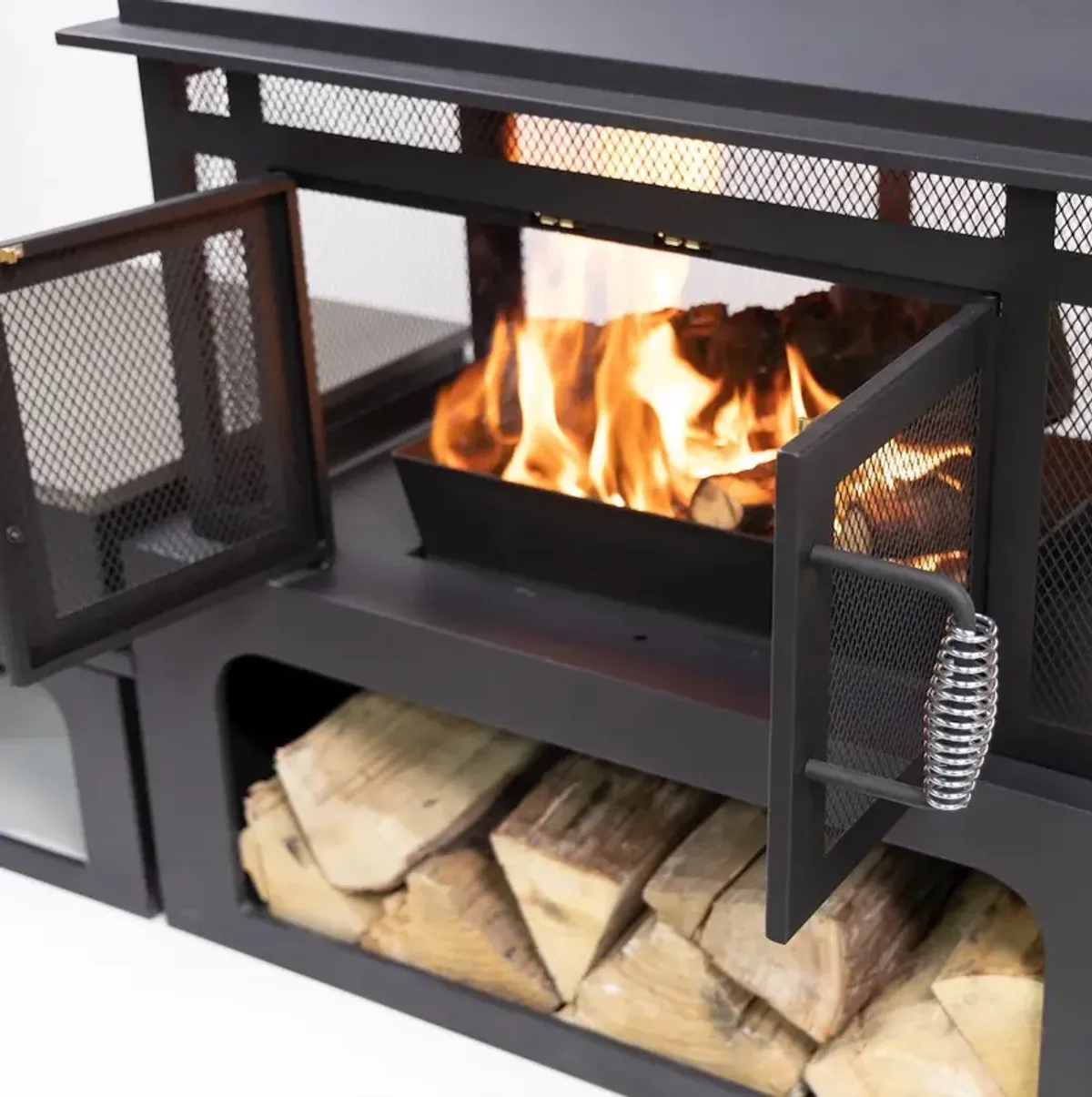 Deko Living Steel Woodburning Fireplace with Log Storage Compartment & Side Tables