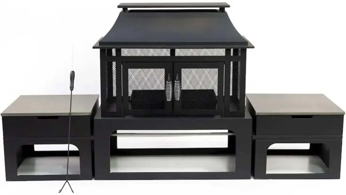 Deko Living Steel Woodburning Fireplace with Log Storage Compartment & Side Tables